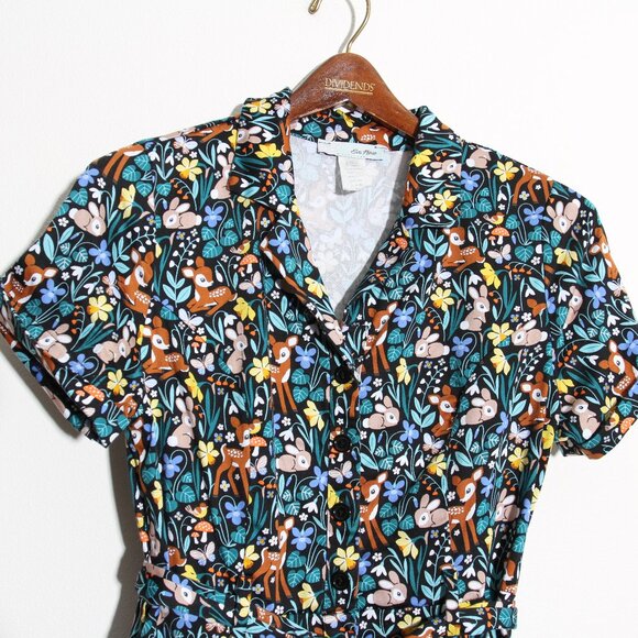 Eva Rose Bambi Floral Fawn Flora Woodland Deer Bunny Rockabilly Mini Shirt Dress - Picture 2 of 9